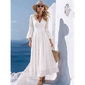 Femmes Robe maxi Robe en dentelle blanche Robe trapèze Occasionnel Extérieur Sortir Coupe Standard Couleur Unie manche longue Col en V Blanche Été Printemps Au