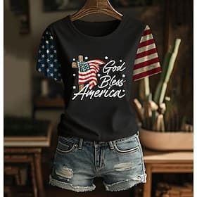 Independence Day PatrioticWomen's T Shirt Print Graphic Letter American Flag Stylish Classic Casual Short Sleeve Crew Neck Regular Tops Daily Blue Black White