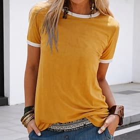Femmes T-shirt Bloc de Couleur ancien Élégant Classique Manche Courte Col ras du cou Col rond Hauts Réguliers Quotidien Sortir Jaune Vin Bleu Roi Bleu Ciel Gri