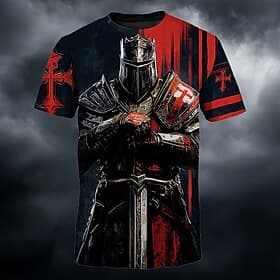 Men's Crusaders Knight Templar Medieval Crusader Armored Warrior Red Cross Sword Gothic Fantasy All Over Print T-Shirt Short Sleeve Crew Neck Casual RPG Cospla