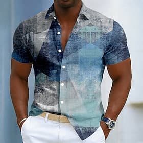 Herren Geometrisch Farbverlauf Abstrakte Kunst Hemd Knopfhemd Kurzarm Modisch lässig Täglich Outdoor Urlaub Sommer Frühling Umlegekragen 3D-Druck Leinenähnlich