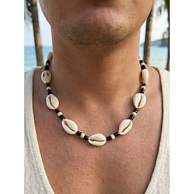 Collier bohème pour homme en perles de bois et coquillages, bijou décontracté pour les vacances à la plage et au quotidien, accessoire léger et ajustable pour