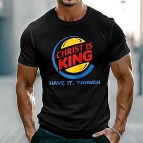 Men's Christ Is King Have It Yahweh Burger Logo Parody Funny Christian Religious Graphic T Shirt Muscle Fit Short Sleeve Casual Daily Wear Designer Clothing Ap