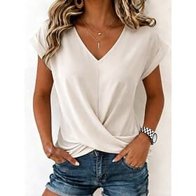 Women's T Shirt Tee Top Ruched Plain Fashion Stylish Classic Short Sleeve V Neck Regular Tops Daily Going out Weekend Blue Black White Wine Red Summer Spring