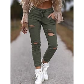 Women's Skinny Chinos Vacation Fashion Streetwear Calf-Length High Waist Plain Ripped Comfy Comfort Soft Micro-elastic Outdoor Vacation Street Army Green Sprin