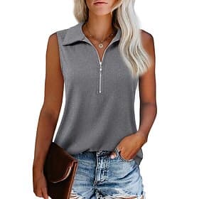 Women's Shirt Blouse Sleeveless Shirt Quarter Zip Plain Stylish Classic Modern Sleeveless Shirt Collar Regular Tops Daily Holiday Going out Black White Army Gr