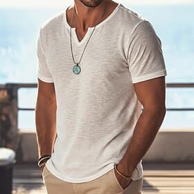 Men's T Shirt Short Sleeve Shirt Tee Top Linen T-Shirt Short Sleeve V Neck Summer Spring Solid Color Plain Pit Strip Streetwear Stylish Casual Plain Casual Dai thumbnail 2