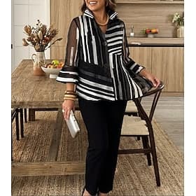 Women's Shirt Two Piece Sets Pants Sets Long Sleeve Shirt Collar Striped Fashion Streetwear Casual Daily Outdoor Black Summer Regular Fit