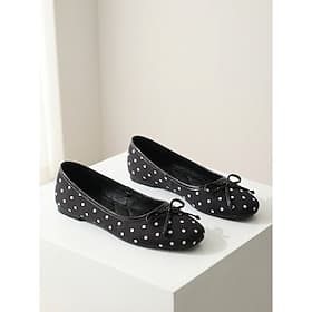 Women's Black Polka Dot Ballet Flats - Classic Round Toe Slip-on Work Shoes with Bow Decor for Office, Daily Professional  Casual Wear