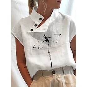 T-shirt femme effet lin imprimé libellule, élégant et classique, manches courtes, col rond, coupe droite, idéal au quotidien, pour les sorties et le week-end,