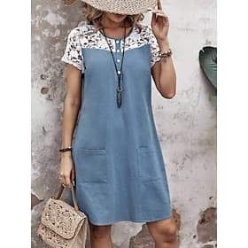 Femmes Robe Longueur Genou Robe en Dentelle Robe Décontractée Élégant Mode Moderne Extérieur Vacances Sortir Coupe régulière Coupe Ample Uni Manche Courte Col