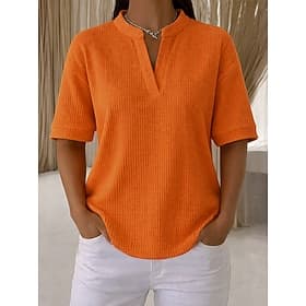 Women's T Shirt Tee Henley Top Waffle Knit Tops Solid Color Stylish Casual Short Sleeve V Neck Regular Tops Daily Blue Black White Orange Green Summer Spring F