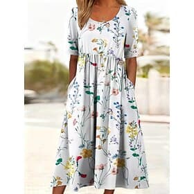 Women's Midi Dress Shift Dress Vacation Casual Boho Daily Summer Dress Spring Dress Regular Fit Floral Graphic Half Sleeve Crew Neck Blue White Pink Sky Blue S