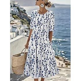 Women's Midi Dress Blue and White Flowers Vacation Shift Dress Vacation Casual Boho Daily Summer Dress Spring Dress Regular Fit Floral Graphic 3/4 Length Sleev