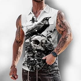 Men's Skull Crow Raven Shirt Button Up Shirt Sleeveless Shirt Sleeveless Dark Gothic Style Outdoor Causal Summer Spring Turndown 3D Print Front Two Pockets Blu