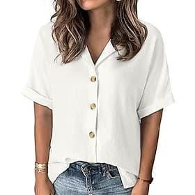 Women's Shirt Casual Shirt Button Up Shirt Blouse Buttons Solid Color Plain Vacation Fashion Classic Short Sleeve V Neck Regular Tops Daily Beach Holiday Black