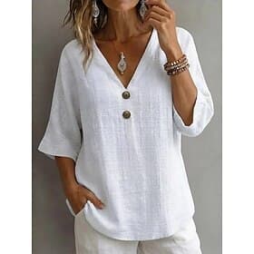 Women's Linen-feel Shirts Blouse Faux Linen Shirt Buttons Solid Color Daily Stylish Basic 3/4 Length Sleeve V Neck Regular Tops Daily Blue White Yellow Green G