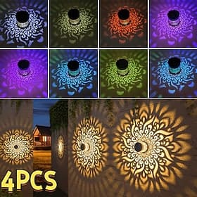 4 Pcs Outdoor Solar Hollow Metal Mandala Projection Wall Light, IP44 Waterproof, Fence, Staircase, Lawn Pathway Decoration Lamp, Garden, Yard, Villa Landscape