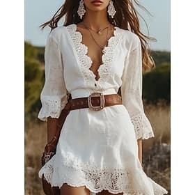 Women's Mini Dress Boho Dress Lace Dress Western Dress Elegant Fashion Modern Outdoor Vacation Going out Regular Fit Plain Long Sleeve V Neck White Summer Spri