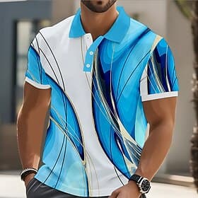 Men's Geometic Line Polo Shirts Short Sleeve Polo Shirts Collared Shirts Casual Athleisure Buttons Spring  Summer Blue Yellow Red