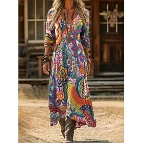 Women's Maxi long Dress Vintage Dress Casual Dress Vintage Daily Outdoor Vacation Regular Fit Floral Long Sleeve V Neck Red Spring Autumn