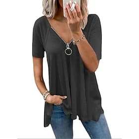Women's Shirt Blouse Zipper Plain Stylish Classic Modern Short Sleeve V Neck Regular Tops Daily Holiday Going out Black White Pink Dark Gray Gray Summer Spring