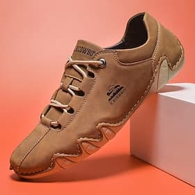 Men's Tan Faux Leather Casual Sneakers Lace-Up Comfort Walking Shoes Lightweight Everyday Footwear for Travel, Driving, Weekend Outfits, Outdoor Leisure, Relax