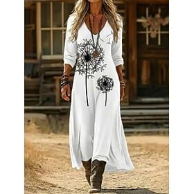 Women's Maxi long Dress Casual Dress Floral Dress Summer Dress Vintage Daily Outdoor Vacation Loose Fit Dandelion Long Sleeve V Neck White Yellow Navy Blue Gra