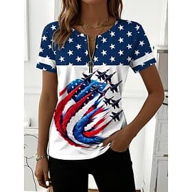American Independence Day Women's T Shirt Zipper Graphic American Flag Stylish Classic Casual Short Sleeve Crew Neck Regular Tops Daily Weekend Blue White Red