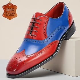 Men's Genuine Leather Wingtip Dress Shoes – Premium Cowhide, Two-Tone Red  Blue, Elegant Oxford Style, Comfortable Formal Shoes for Men, Perfect for Weddings,