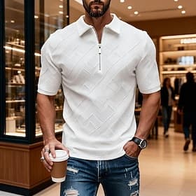 Men's Zip Polo Textured Casual Daily Quarter Zip Short Sleeve Fashion Leisure Plain Zipper Quarter Zip Summer Spring Blue Depression Green Navy Apricot Lake Bl