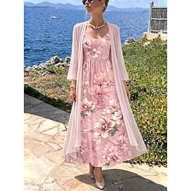 Women's Dress Set A Line Dress Elegant Vacation Floral Graphic Layered Print Maxi Dress 3/4 Length Sleeve V Neck Daily Party Pink Green Summer Spring Regular F