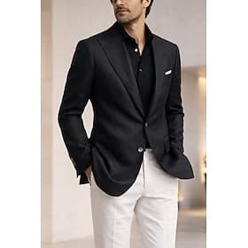Men's Linen Blazer Sport Coat Closure collar Fashion Casual Solid Colored Black Tailored Fit Single Breasted Two-buttons