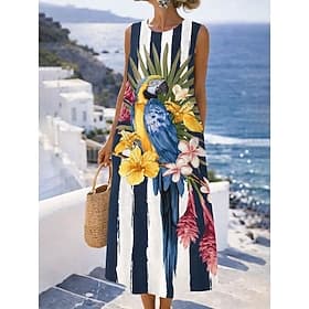 Women's Midi Dress Shift Dress Sundress A Line Dress Vacation Casual Boho Beach Party Regular Fit Floral Graphic Sleeveless Crew Neck Blue Black White Yellow S