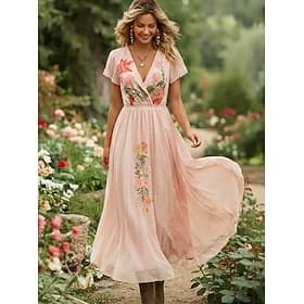 Women's Maxi Dress Wedding Guest Dress Chiffon Dress Floral Dress Elegant Fashion Modern Outdoor Vacation Going out Regular Fit Floral Short Sleeve V Neck Pink