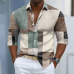 Herren Geometrisch Farbblock Patchwork Hemd Knopfhemd Langarm Modisch lässig Outdoor Alltagskleidung Frühling Herbst Umlegekragen 3D-Druck Hemden mit Kragen Bl