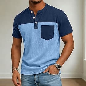 SoftFade™ Men's Henley Shirt 100% Cotton Acid Wash Shirt Short Sleeve Henley Summer Spring Color Block Patchwork Retro Vintage Casual Henley Patchwork Vintage