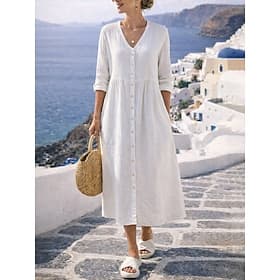 Women's Midi Dress Linen-feel Dresses A Line Dress Casual Daily Loose Fit Plain Long Sleeve V Neck Blue Navy Black White Summer Spring Fall