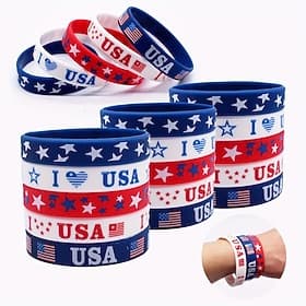18PCS Patriotic Silicone Wristbands – Red, White  Blue USA Flag Design, Multicolor Adjustable Bracelets for 4th of July, Memorial Day, Party Favors