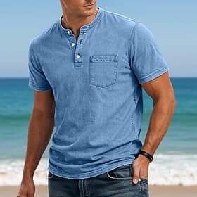 SoftFade™ Men's T Shirt Henley Shirt 100% Cotton Acid Wash Shirt Tee Top Short Sleeve Stand Collar Henley Summer Spring Plain Vintage Streetwear Casual Faded W
