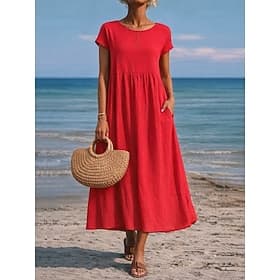 Women's Midi Dress Linen-feel Dresses A Line Dress Casual Daily Regular Fit Plain Short Sleeve Crew Neck Red Summer Spring