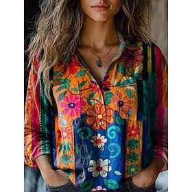 Women's Shirt Boho Shirt Buttons Print Floral Graphic Vintage Stylish Ethnic Long Sleeve Shirt Collar Regular Tops Daily Holiday Going out Rainbow Summer Sprin
