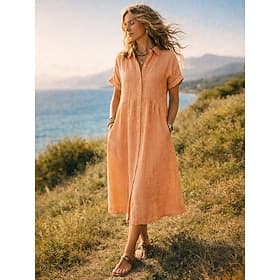 Women's Midi Dress Linen-feel Dresses Shirt Dress Casual Dress A Line Dress Fashion Modern Daily Vacation Going out Loose Fit Striped Short Sleeve Shirt Collar