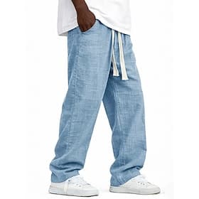 Homme Pantalons en Lin Pantalons Pantalon d'été Pantalons Amples Avec Poches Taille Élastique Jambe Droite Couleur Unie Confort Confortable Longueur complète O