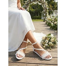 Women's White Bridal Garden Sandals - Elegant Flat Wedding Shoes with Pearls  Ruffles