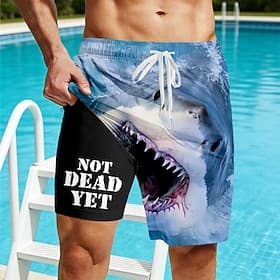 Men's Animal Shark Funny Slang Lined Shorts 2 in 1 Board Shorts Bathing Suits Swim Shorts Mid Waist Hawaiian Beach Vacation Wear Side Pockets With Compression