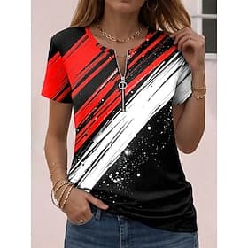 Women's T Shirt Zipper Graphic Geometric Abstract Vintage Hawaiian Stylish Short Sleeve Crew Neck Regular Tops Daily Sports Weekend Blue Red Purple Green Summe
