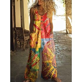 Women's Jumpsuit Active Floral Sleeveless Sleeveless Wide Leg U Neck Pocket Buttons Daily Vacation Loose Fit Orange Summer