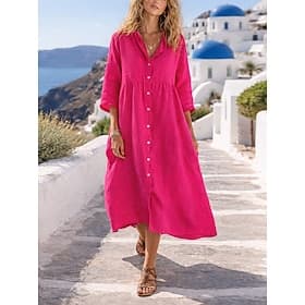 Women's Midi Dress Linen-feel Dresses Shirt Dress Casual Dress Fashion Outdoor Party Holiday Regular Fit Plain Long Sleeve Crew Neck Light Green Pink Grey Summ