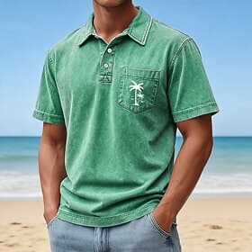 SoftFade™ Men's Palm Tree Acid Wash Shirt 100% Cotton Short Sleeve Polo Shirts Lapel Hawaiian Casual Athleisure Vacation Wear Pocket Buttons Spring  Summer Blu